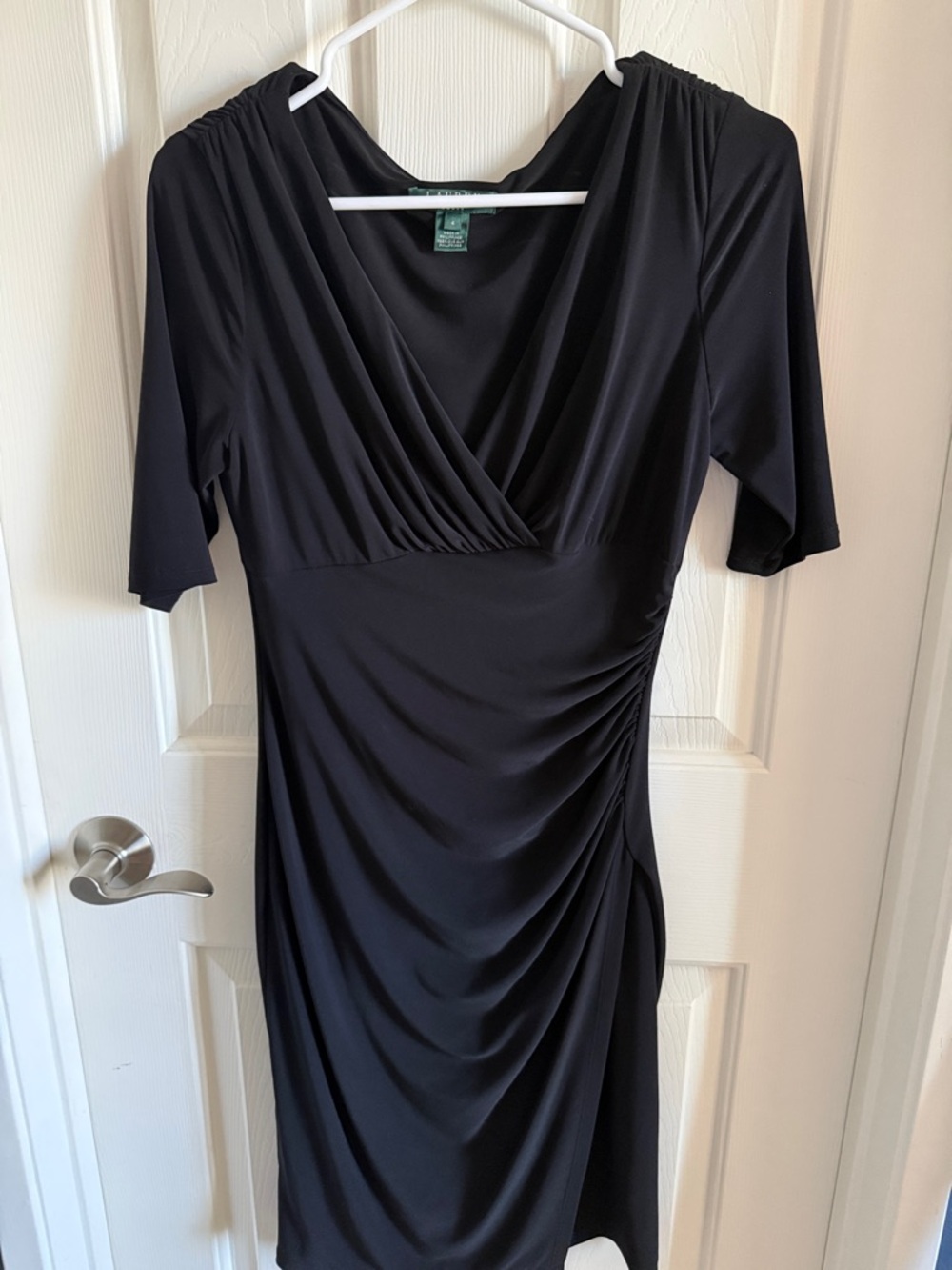 Ralph Lauren Black Midi Wrap-Style Jersey Dress with Side Ruching